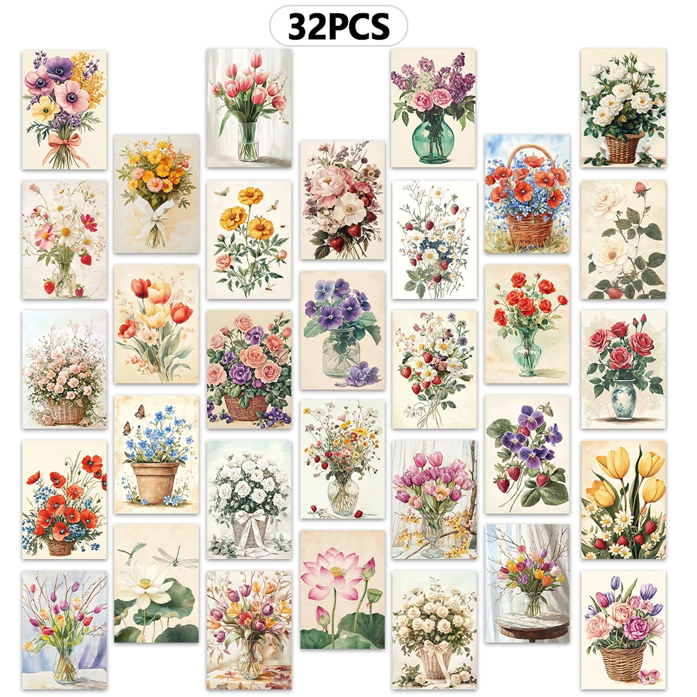 32개, 식물 및 꽃 엽서, 방 장식 스티커, 브로셔 자료, 기념품, 수집품 및 우편물