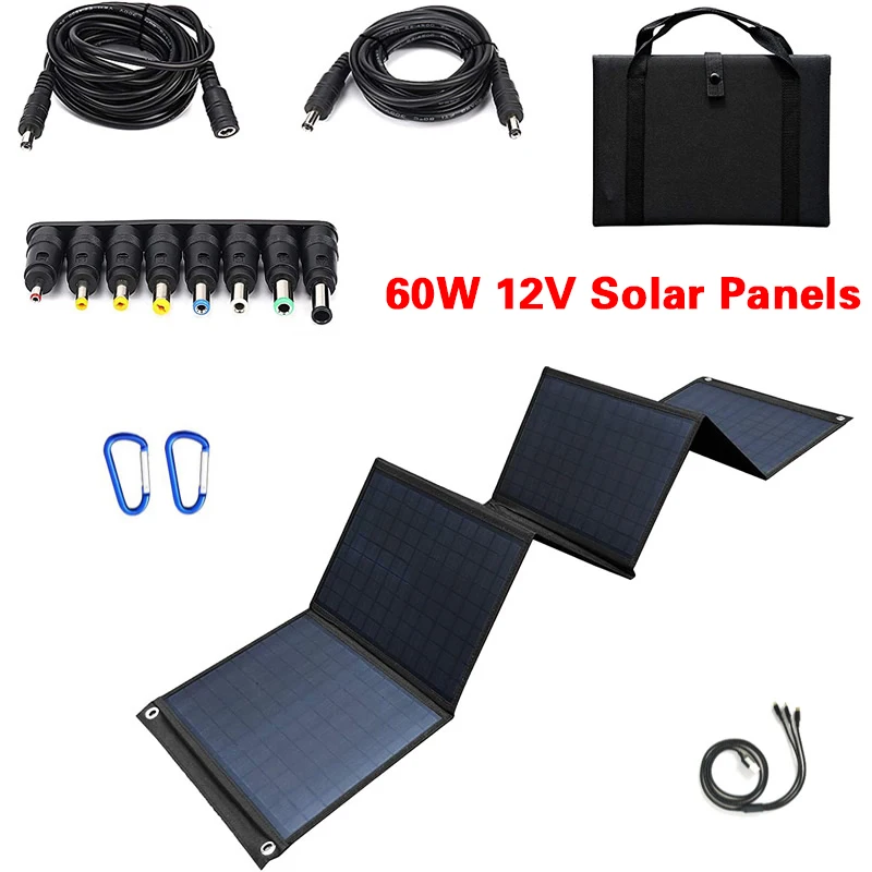 

Solar Panel 12V 60W Powerful Power Banks Foldable for Cell Phone Outdoor Waterproof USB Solar Battery Charge 태양광 패널 for Camping