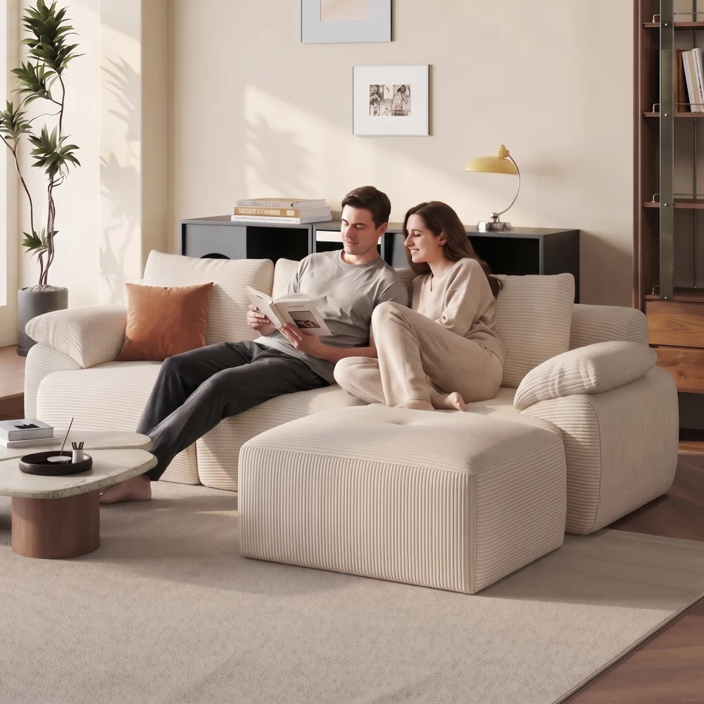 Superaly L-förmiges Ecksofa, unmontiert, 3-Sitzer-Sofa mit Hocker und Kissen, Sofa-Set für das Wohnzimmer oder Schlafzimmer, Beige.