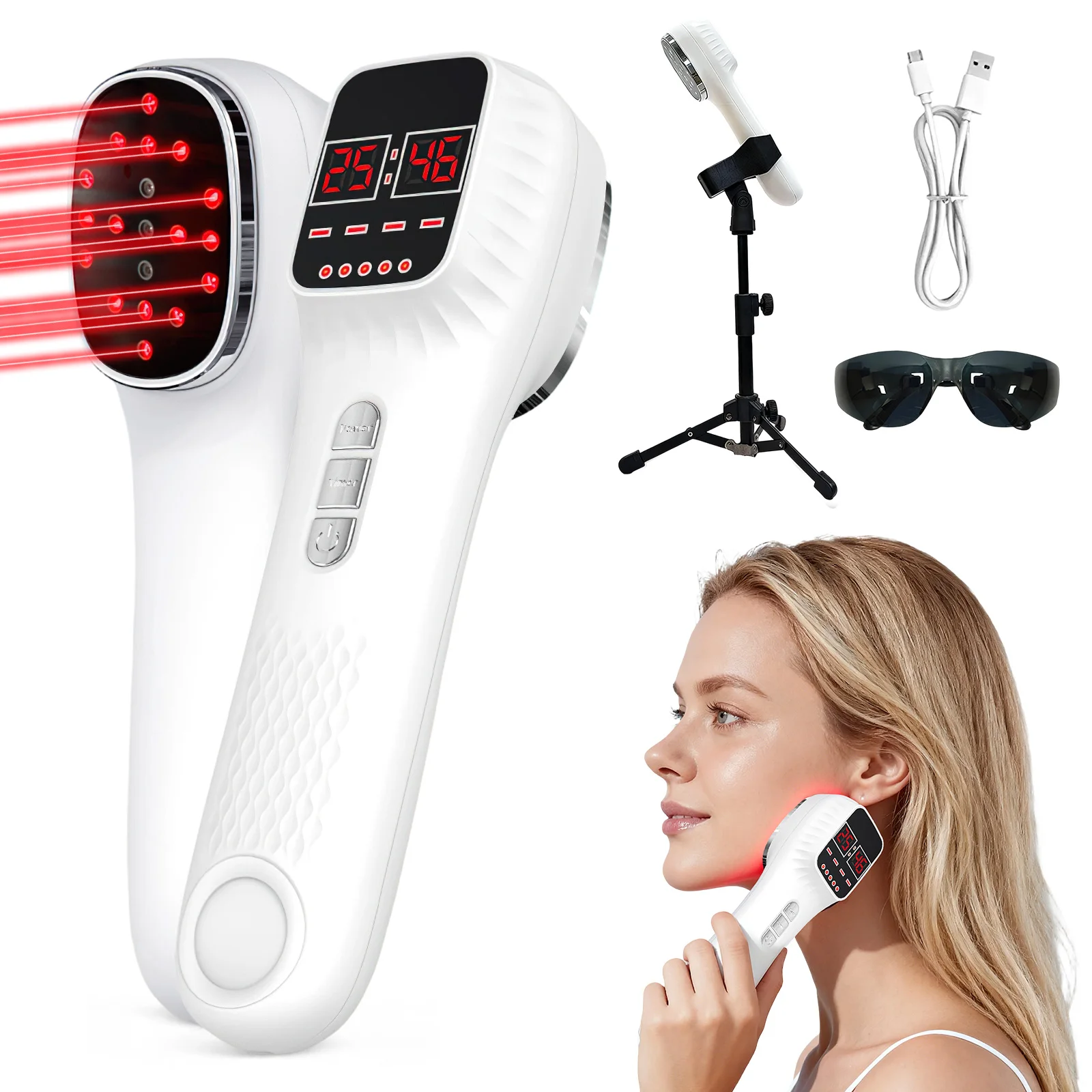 Dispositivo de Belleza Facial Infrarrojo de Mano para Uso Doméstico de 650nm - 808nm, 4 Ajustes de Brillo, Temporizador, Rejuvenecimiento de la Piel, Alivio de Dolores Musculares y Articulares