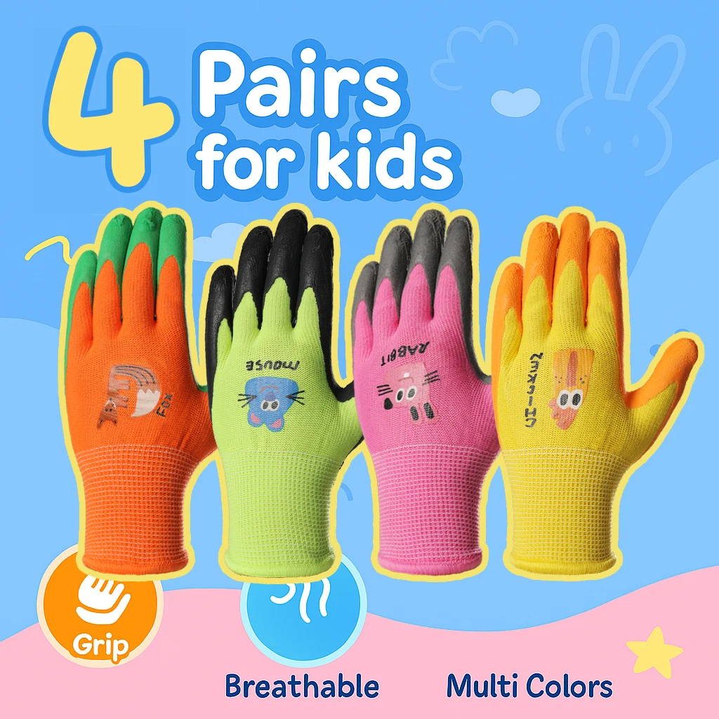 4 pares de guantes para niños, guantes de látex en varios colores y con bonitos diseños para actividades de jardinería al aire libre