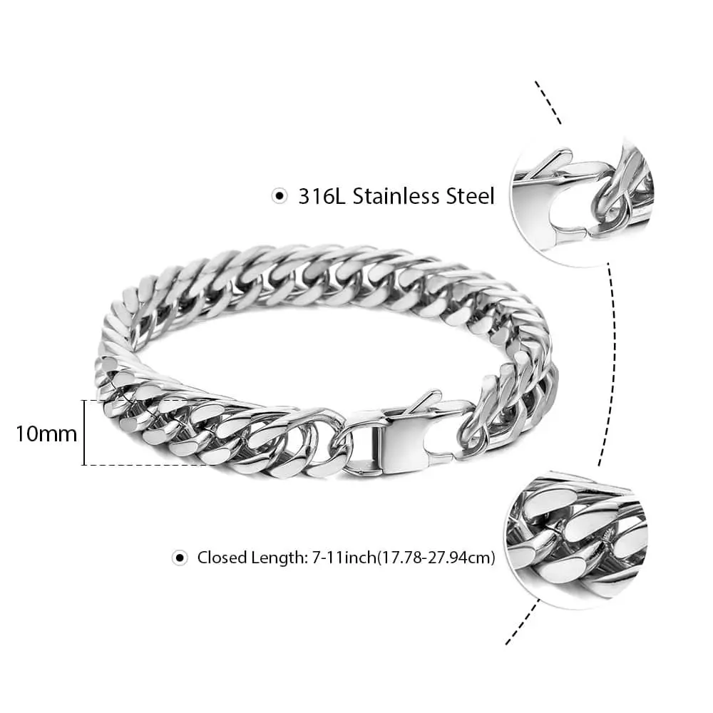 10mm Mens Bracelet Black Gold Silver Color Curb Cuban Link Chain 316L Stainless Steel Bracelet Jewelry