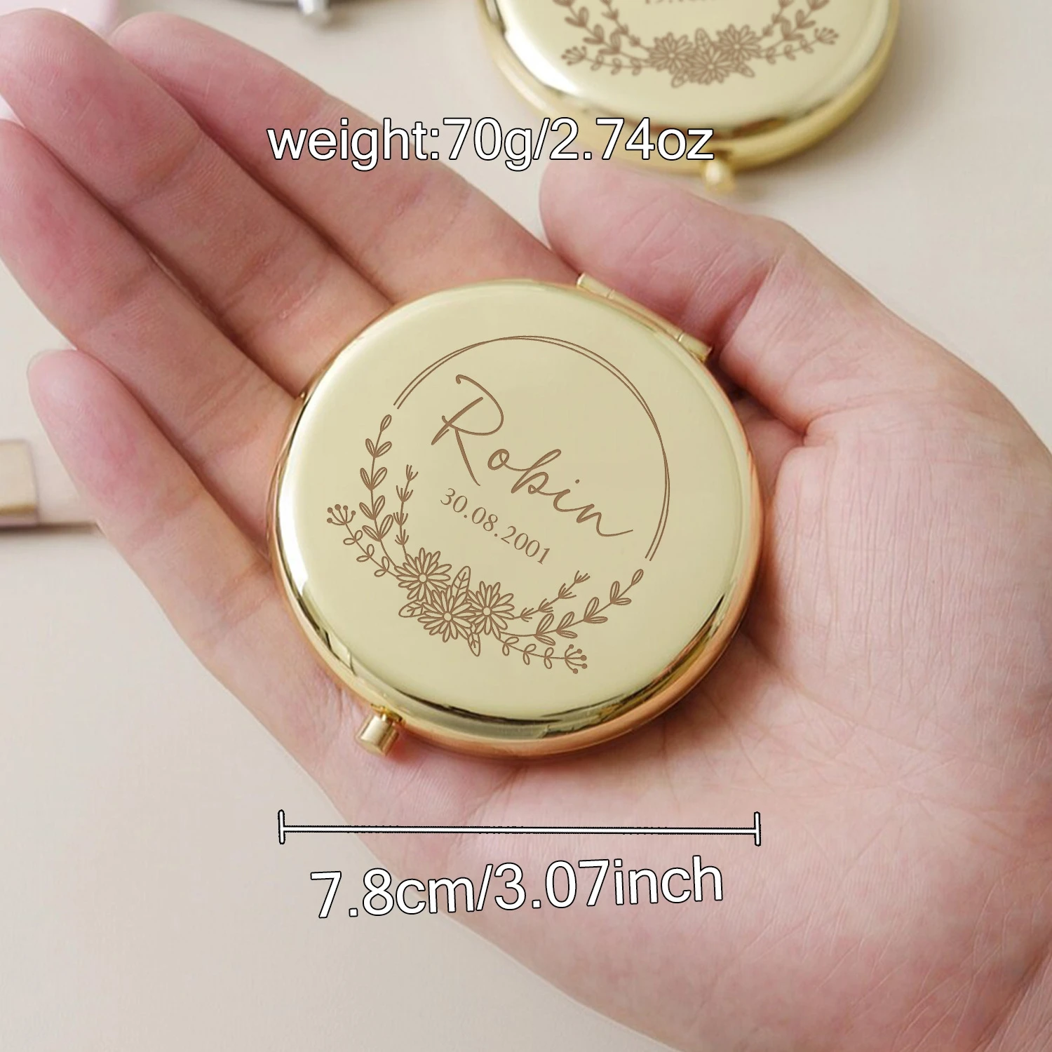 Custom Name Floral Wreath Engraved Pocket Mirror, Elegant Gift for Bridesmaids, Hen Parties, Weddings, Birthdays, Mom, Sister