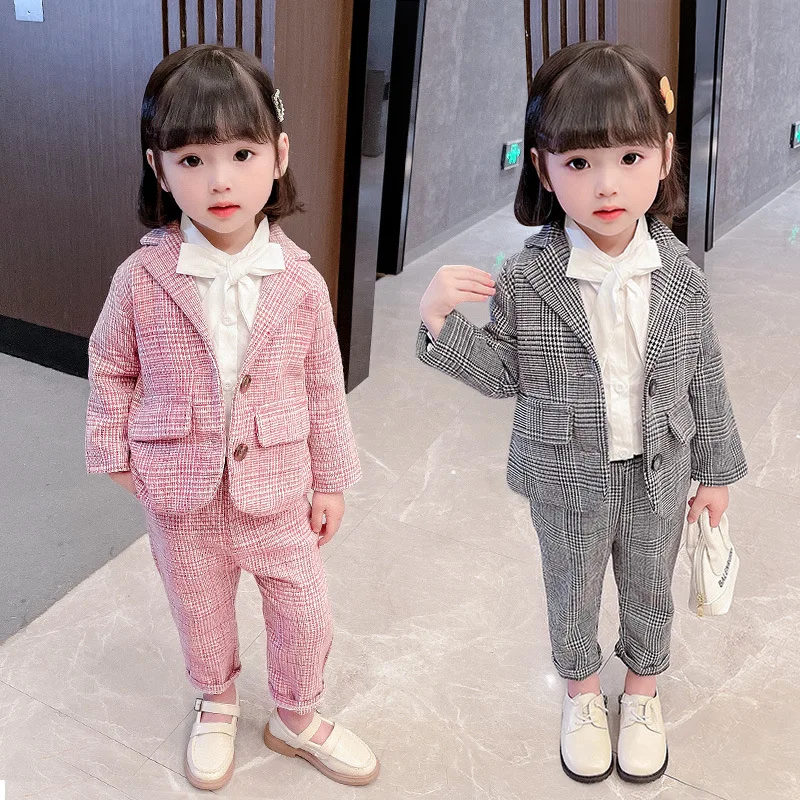 

2022 Suit Design For Girl Latest Children Western Clothes Plaid Pink Color Turn-down Collar Kids Sweat Suit Clothing Set Girl