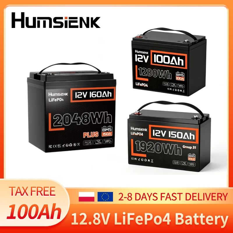 Akumulator LiFePo4 Humsienk 12V 100Ah 150Ah 160Ah z wbudowanym systemem BMS, ogniwa klasy A+, energia 1280Wh, ponad 15000 cykli, do kamperów, solarnych systemów off-grid, łodzi, silników