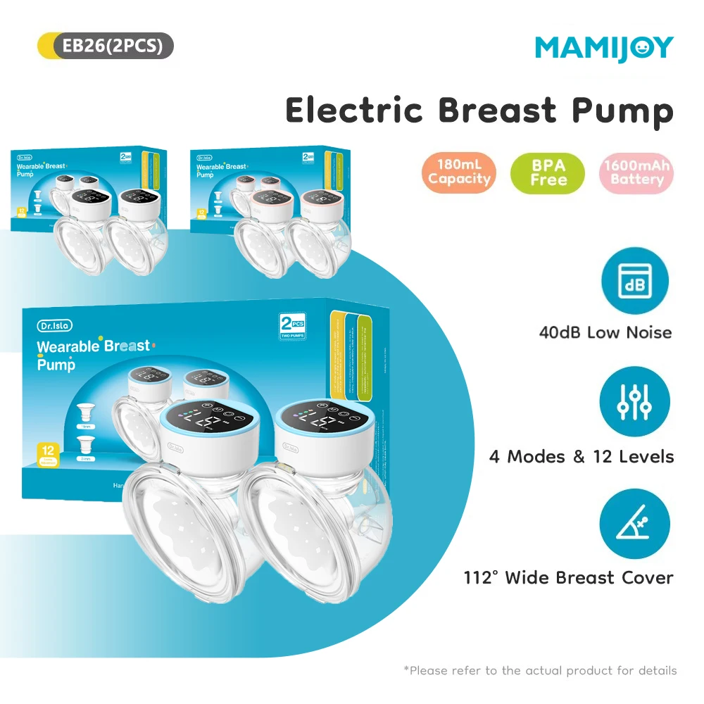 

MAMIJOY 2PCS Wearable Electric Breast Pumps 4 Modes＆12 Levels Hands Free Breast Pump 40dB Low Noise Free 19/24mm Flange DEB26D