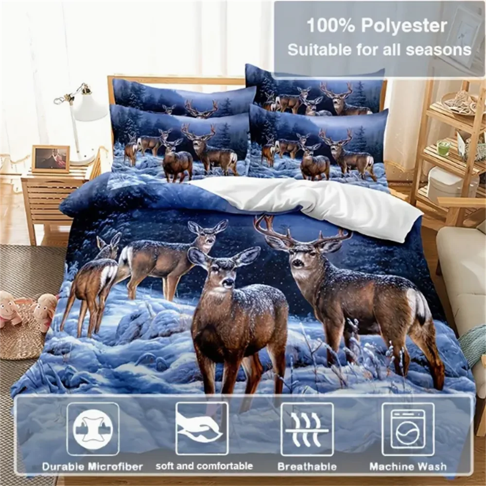 

3pcs Deer Duvet Cover Set (1*Duvet Cover + 2*Pillowcases, Without Core), 3D Print Wild Animal Deer Duvet Cover With Pillowcase