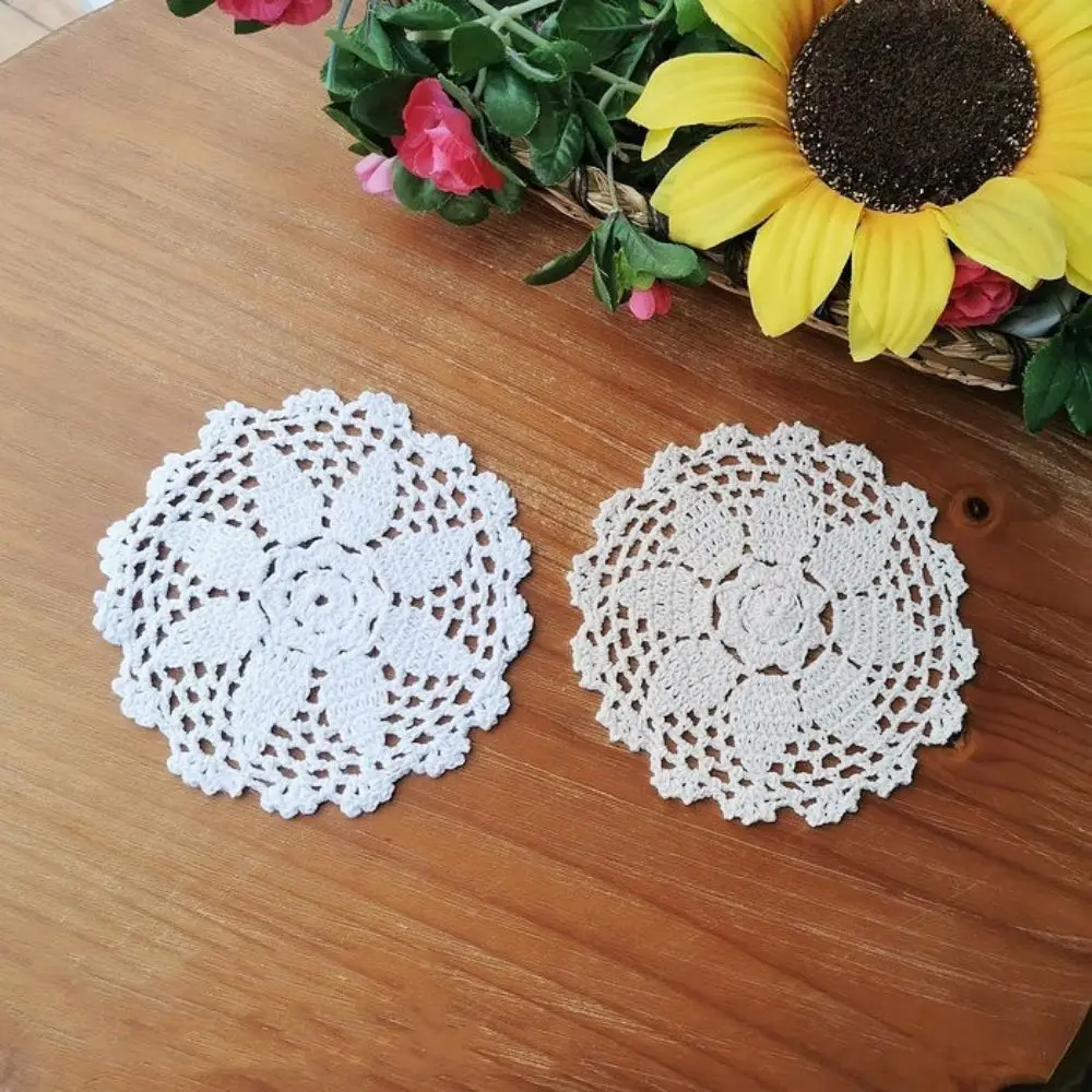 1pc Crafts Drinks Cups Coaster Small Size Table Placemat White Beige Deep Pink Color Soft Washable Doily For Dining Coffee Table