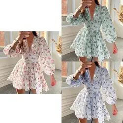 Women Casual Floral Print Mini Dress New Fashion Cozy Long Sleeve Deep V High Waist A-Line Dresses Beach Vacation Sweet Vestidos