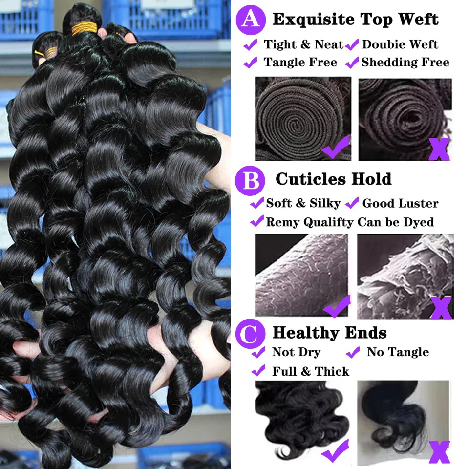 Extensiones de cabello humano de 30 pulgadas, mechones de ondas sueltas, extensiones de pelo ondulado virgen brasileño, extensiones de cabello humano negro Natural para mujeres