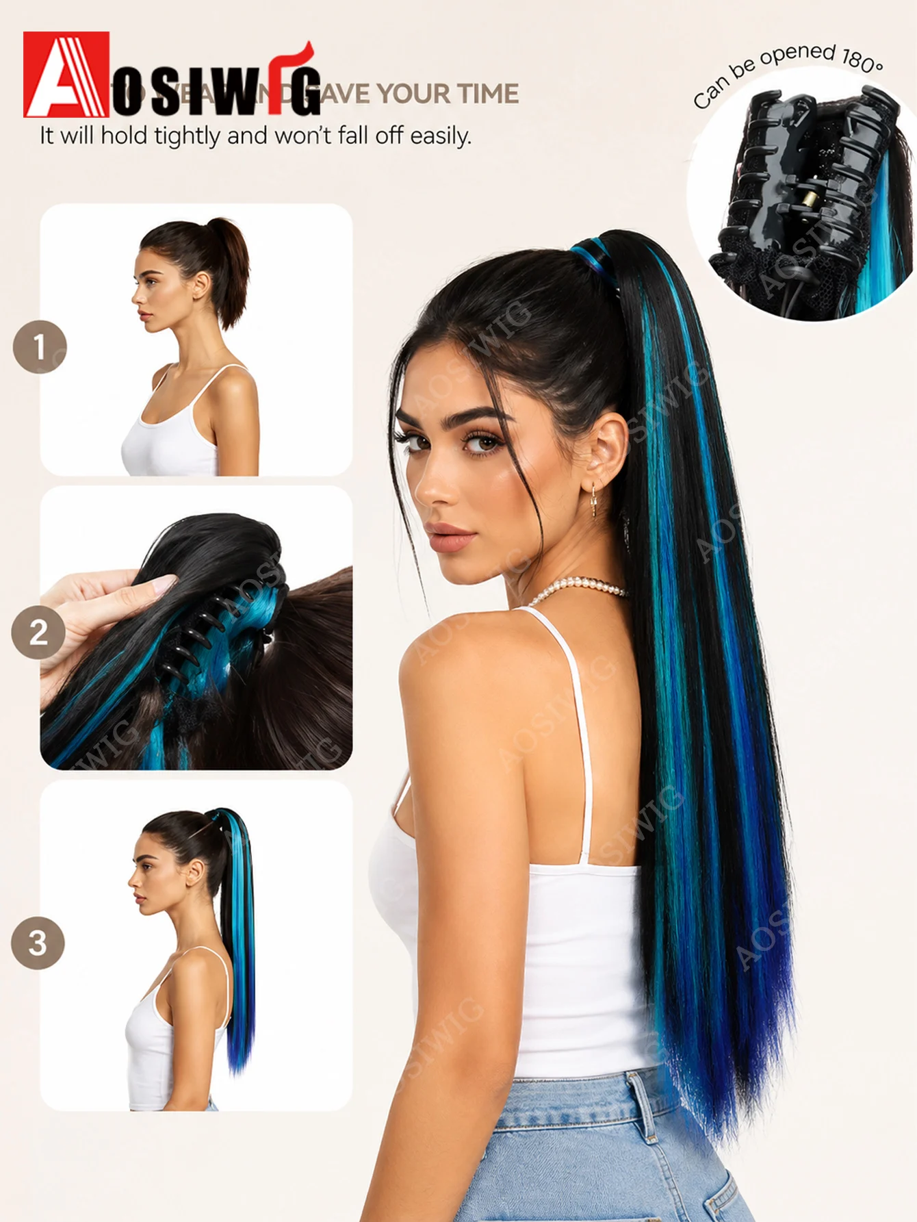 

24 Inch Claw Clip Ponytail Hair Extension, Long Straight Synthetic Highlight Streaks Blue Red Colored Hairpiece For Women Daily