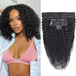 Kinky Krullend Clip in Hair Extensions Echt haar 8 Stuks 18Clips Dubbele Inslag Braziliaanse Remy Menselijk Haar Krullend Clip in Extensions