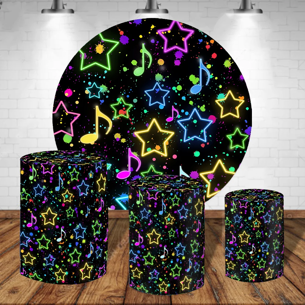 Neon Paint Background with Colorful Stars Birthday Party Round Circle Backdrop Cover Printed Fabric Pedestal Plinth Covers