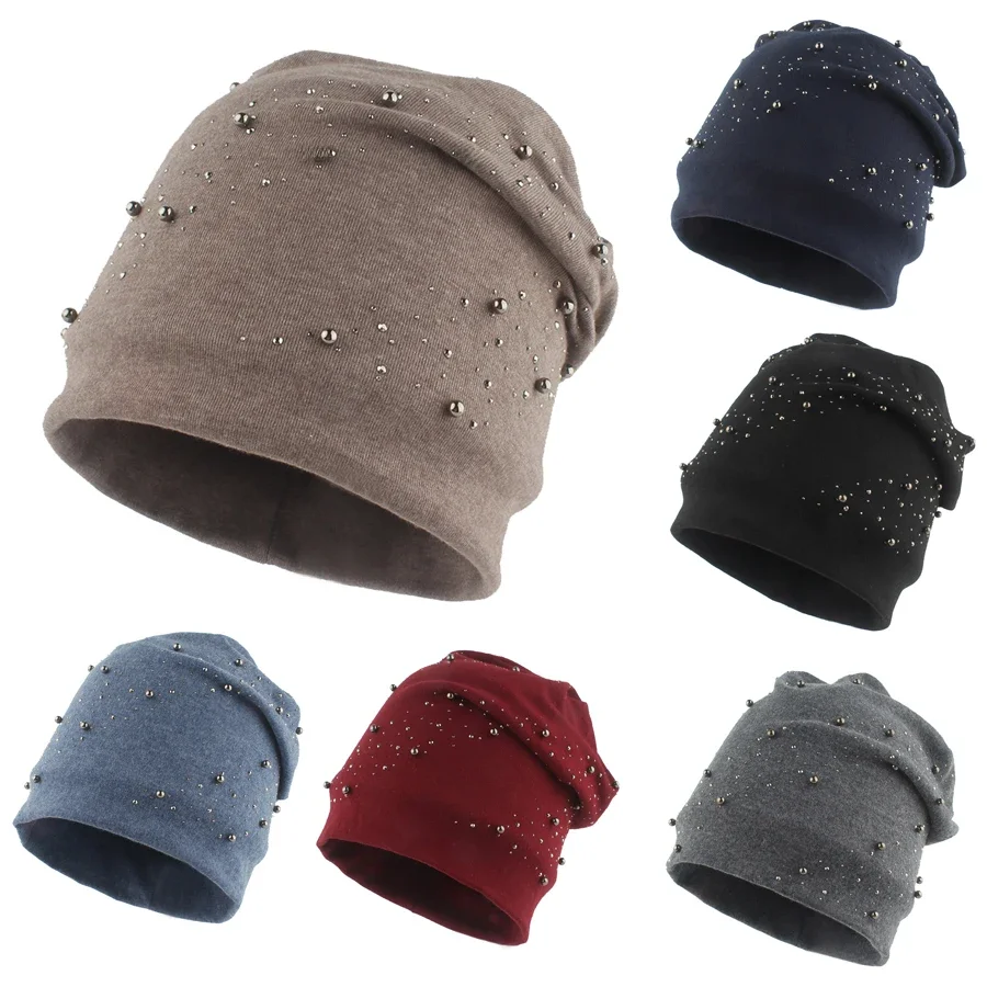 Bonnet avec perles en biscuits pour femme, bonnet avec document solide, Skullies, Baggy Slouchy, bonnet tête de mort pour femme et fille, nouveau, hiver 2024