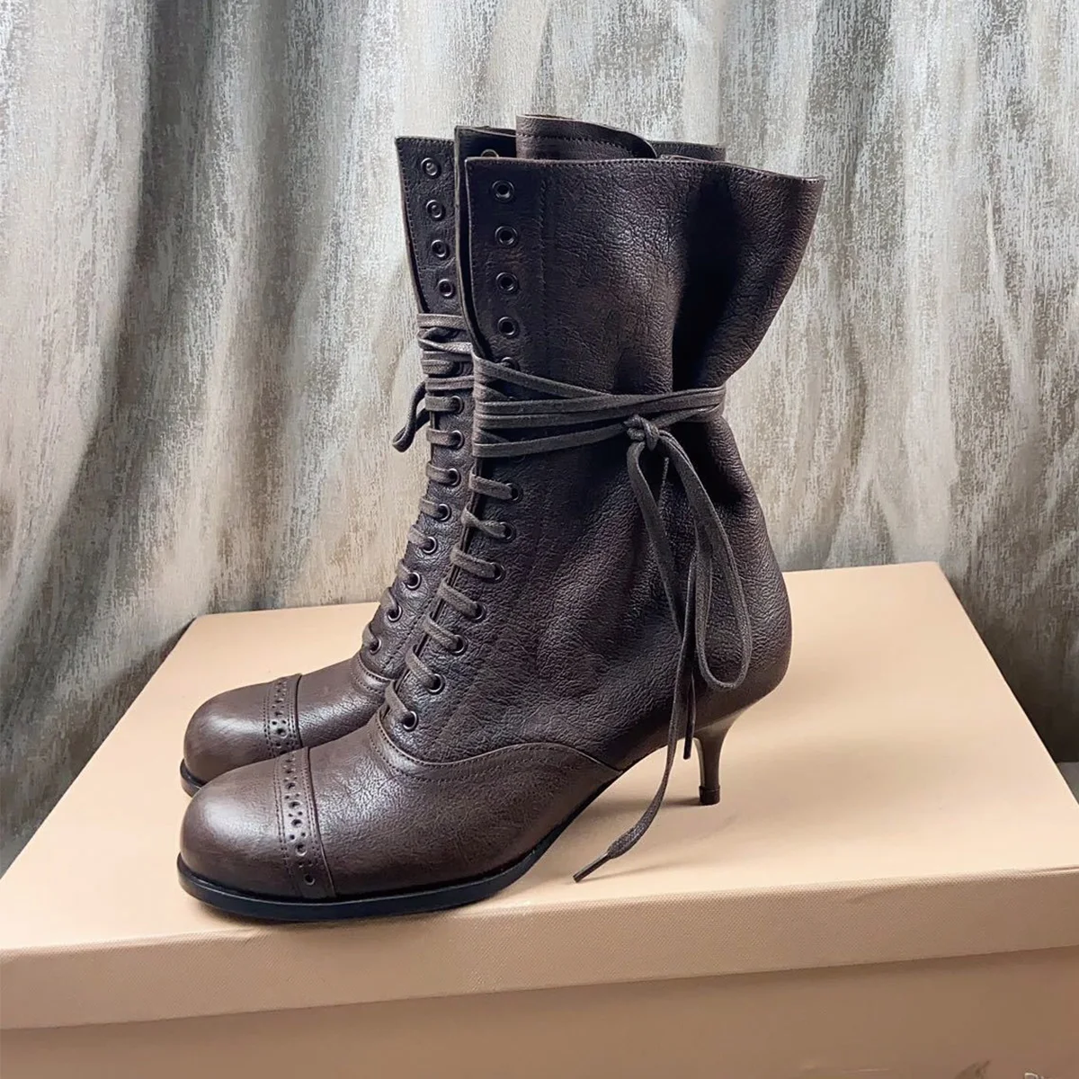 2026 High Quality winter Women Shoes Vintage Round Toe Lace Up Mid Calf Stiletto Ankle Boots For Daily Wear ch24090843