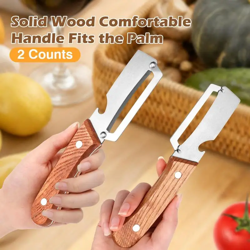 2 Pack Premium 2-In-1 Multi Functional Vegetable And Fruit Peeler With Bottle Opener, Wooden Handle, Stainless Steel Blade-Zero Snag, Smooth Glide Kitchen Tool For Potato, Carrot,Sugar Cane And More