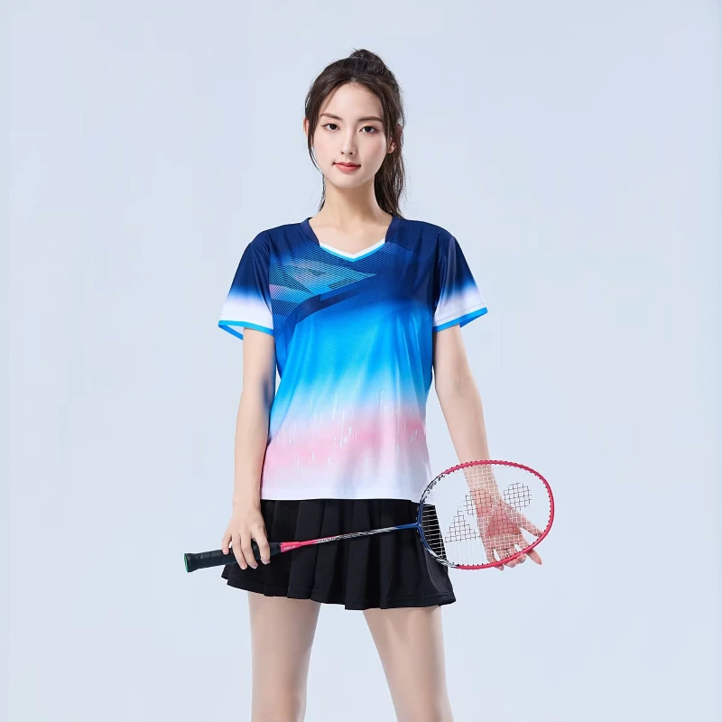 Camiseta de tênis de mesa feminina padrão gradiente novo verão tênis badminton camiseta superior clube de tênis de mesa secagem rápida manga curta