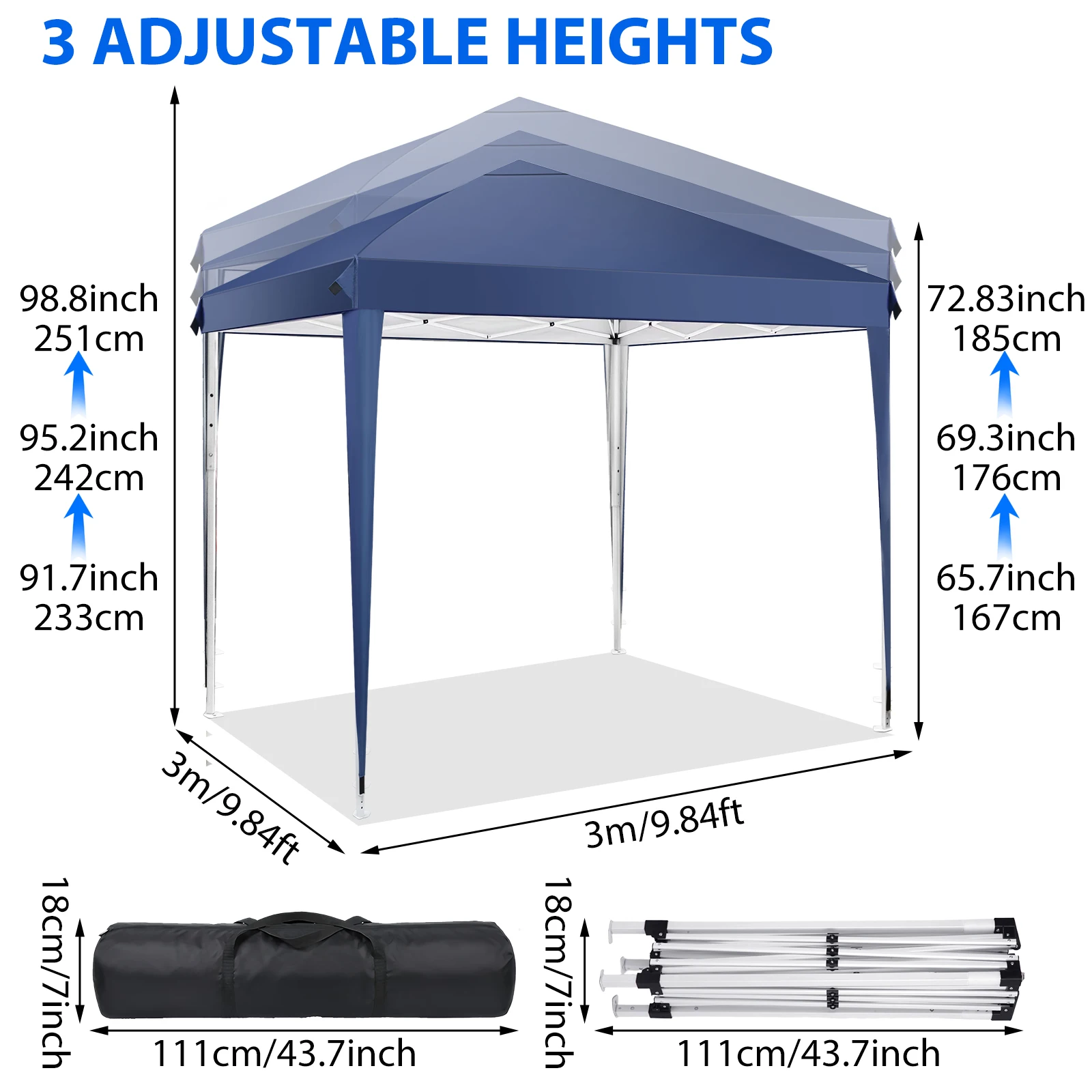 Toldo Plegable Portátil, Lona de Protección Solar, Toldo para Acampar al Aire Libre, Refugio Instantáneo Versátil para Eventos, 3 Ajustes de Altura con Estacas y Cuerdas Antiviento