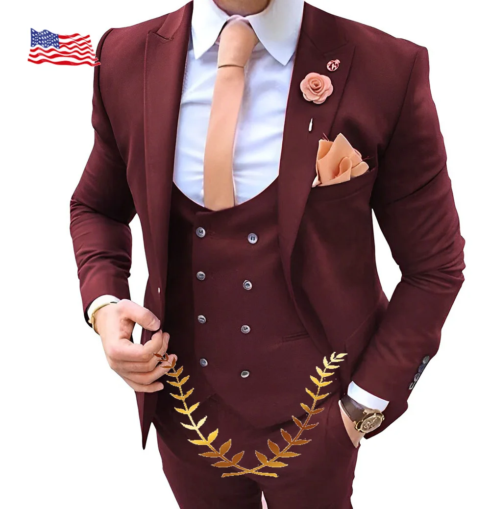 

Business Burgundy Mens Suits Slim Fit 3 Pieces Tuxedos Terno Masculino Groom Wedding Prom Evening Blazer Jacket+Vest+Pants