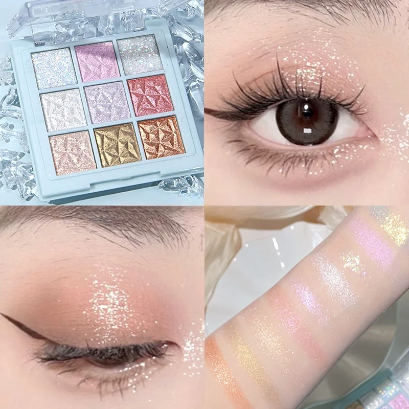 Paleta de sombras de ojos brillantes con copos de nieve de 9 colores: resaltador y efectos de brillo, tonos marrones y plateados