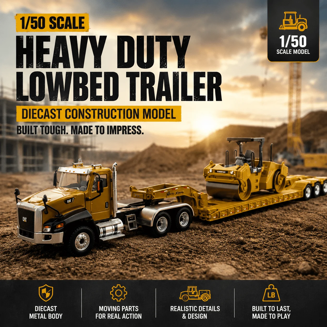 1:50 Scale Heavy Equipment Transport Set, Detailed Truck and Lowboy Trailer Model with Construction Machine Load, Die Cast Engineering Vehicle Display for Diorama Layout, Shelf Decoration, Hobby Enthusiasts, Father's Day Gift