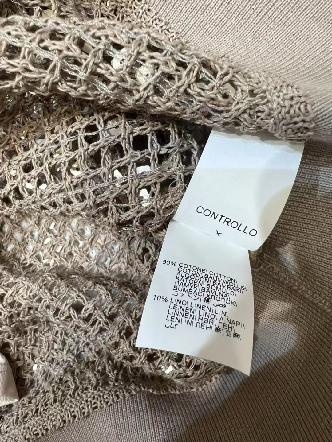 Autumn women's exquisitely sequins trimmed knitted linen cotton short sleeved polo neck top