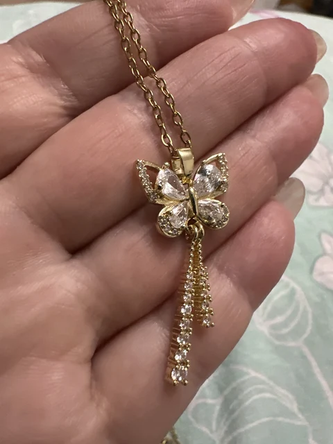 Foto de cliente do Colar Feminino Borboleta Lua com Zircônias Em Aço Inoxidável