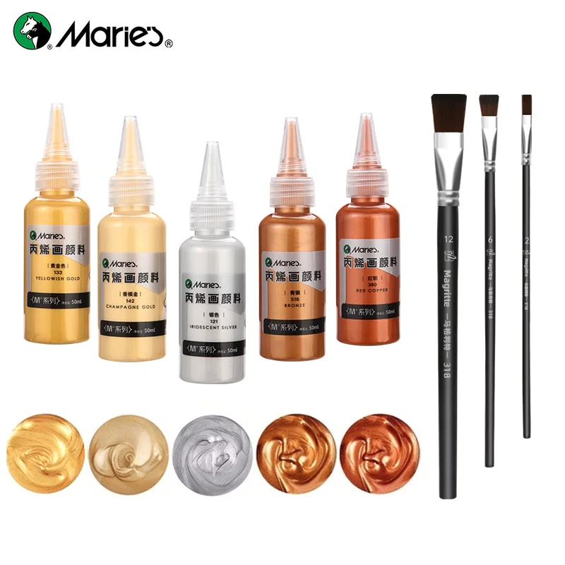 8-teiliges Marie's Golden/Silber Metallic Acrylfarben-Set, 5 Farben 50ml/1,7fl.oz Glanz-Perl-Schimmer-Pigmente mit 3 Pinseln