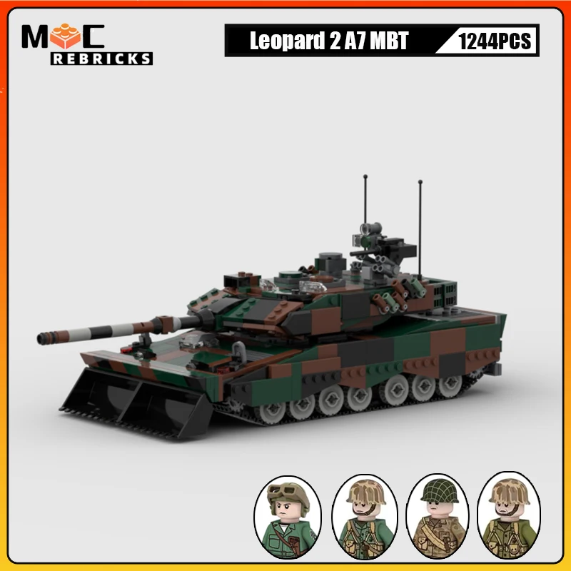 WW2 German Army Main Battle Tank Leopard 2A4 Tracked Vehicle Building Blocks Military War Soldier Weapons Armoured Car Brick Toy