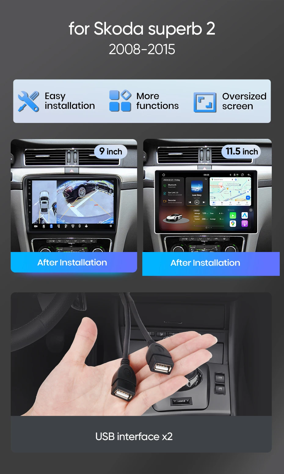 Junsun 10" Android 15 Autoradio für Skoda Superb 2 2008-2015, kabellos für Apple CarPlay, Auto-Bildschirm, Stereo-Multimedia-Video-Player, intelligente Fahrzeugsysteme, 2-Din-Autoradio-Haupteinheit, GPS-Navigation, Bluetooth, 4G, WLAN, 8-Kern, FM, AM, DSP, RDS, SWC, DAB+ – Detail 6