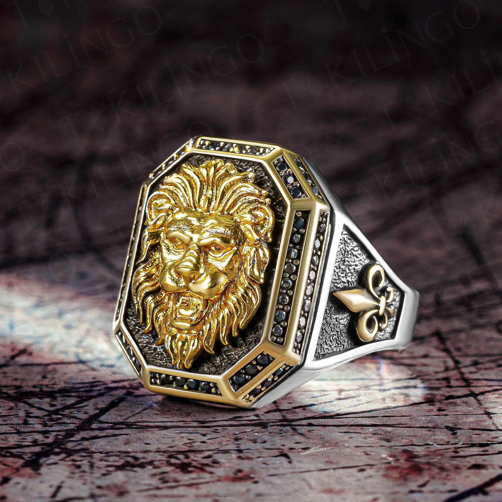 925k Stamped Solid Sterling Silver 3D Lion Ring Sterling Silver 14k Gold Plated King Lion Head Signet Ring for Men