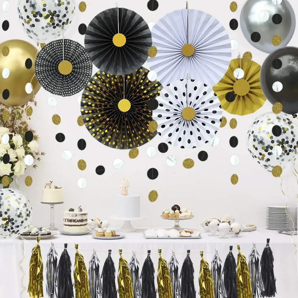 Graduation New Year Party Supplies Black Gold Silver Paper Cap Banner Hanging Paper Fan Flower Balloon Grad Party DIY Decoration — zdjęcie 2