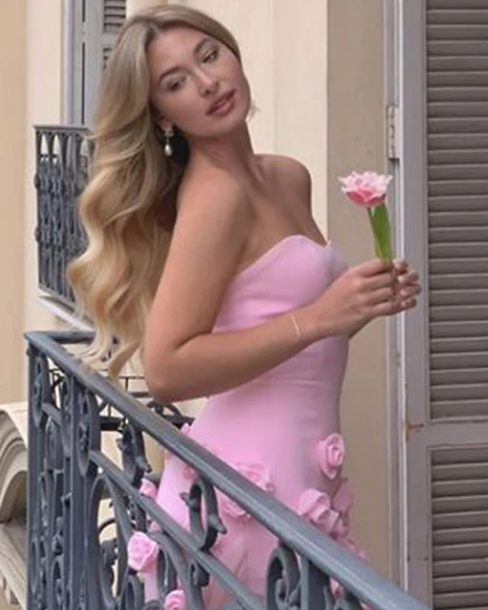 Msikoods – robe de soirée rose, élégante, fente haute, avec des appliques de fleurs 3D, sans bretelles, robe de bal, personnalisée, 2025