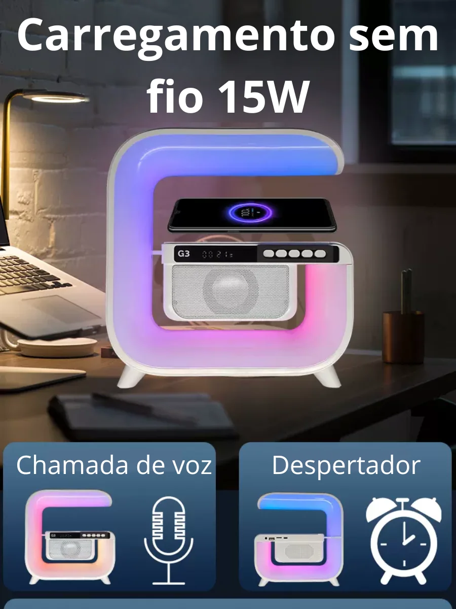 Relógio Despertador Luz RGB Multifuncional 6 em 1 Luzes ajustáveis, Caixa de som, Rádio FM, Recarregador sem fio de celular