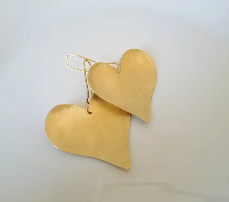 Brass Heart Earrings, Big Brass Heart Earrings, Lightweight Earrings