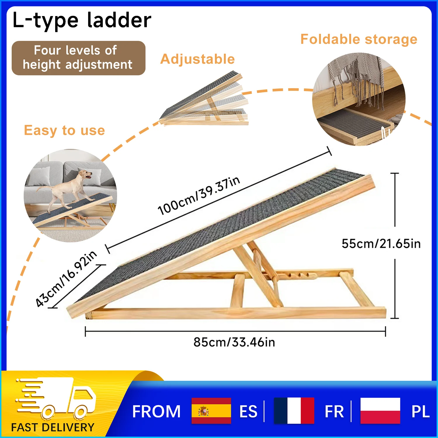 Rampe pliable pour animaux de compagnie en bois - Escalier/rampe en bois réglable avec surface antidérapante pour chiens et chats. Conception pliable et portable.