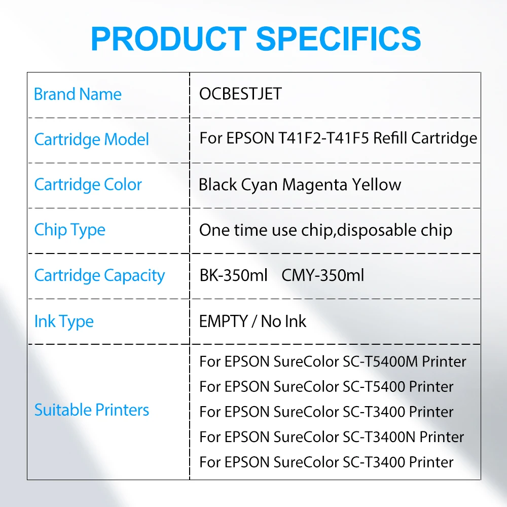 1set 4 pc T41F5 T41F2 T41F3 T41F4 350ML Empty Refill Cartridge with One Time Chip For Epson SureColor T3400 T5400 Printer