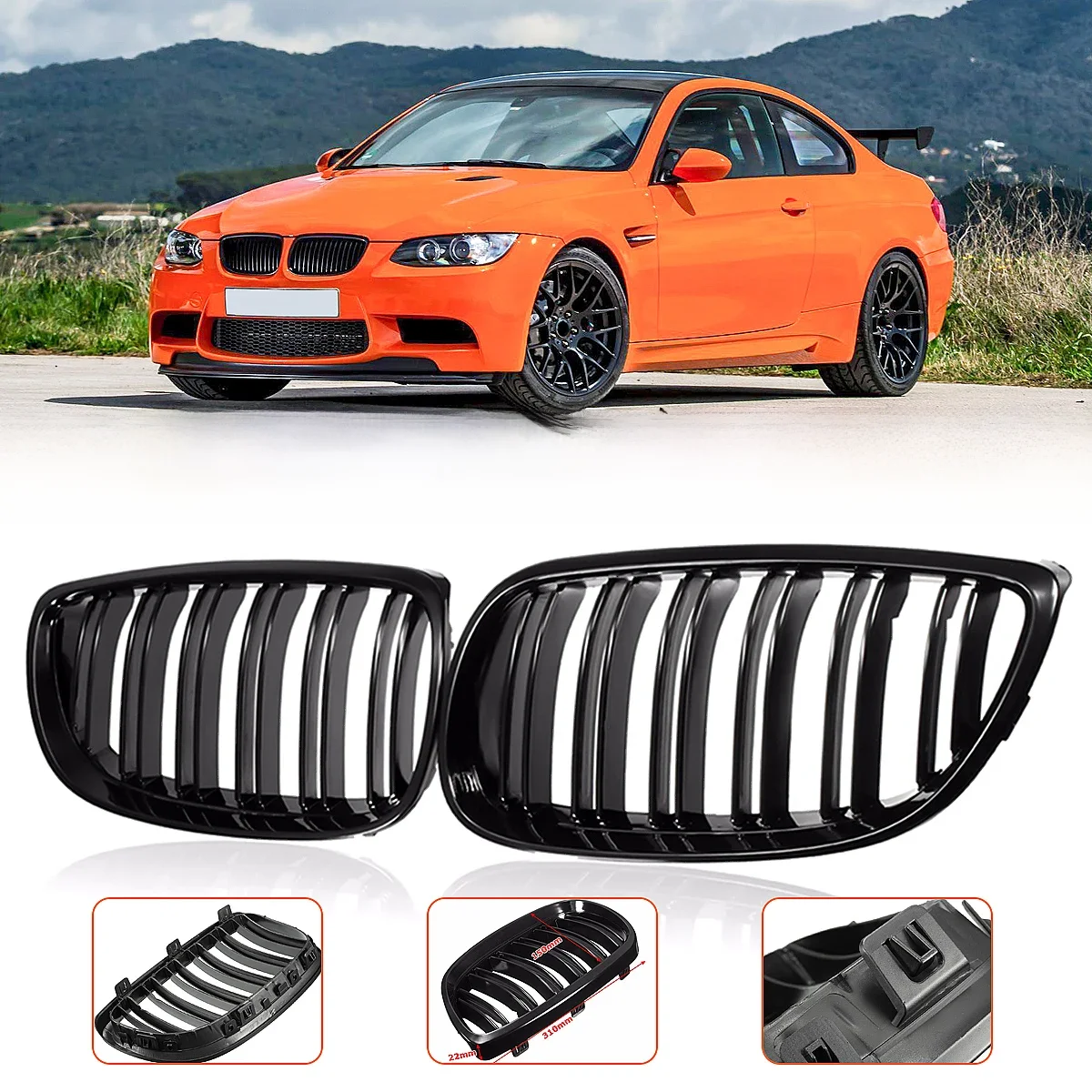 Calandre de pare-chocs avant pour BMW E92 E93 M3 2006 – 2009, calandre double ligne noire brillante, style de voiture, Grilles de course, pièce de rechange