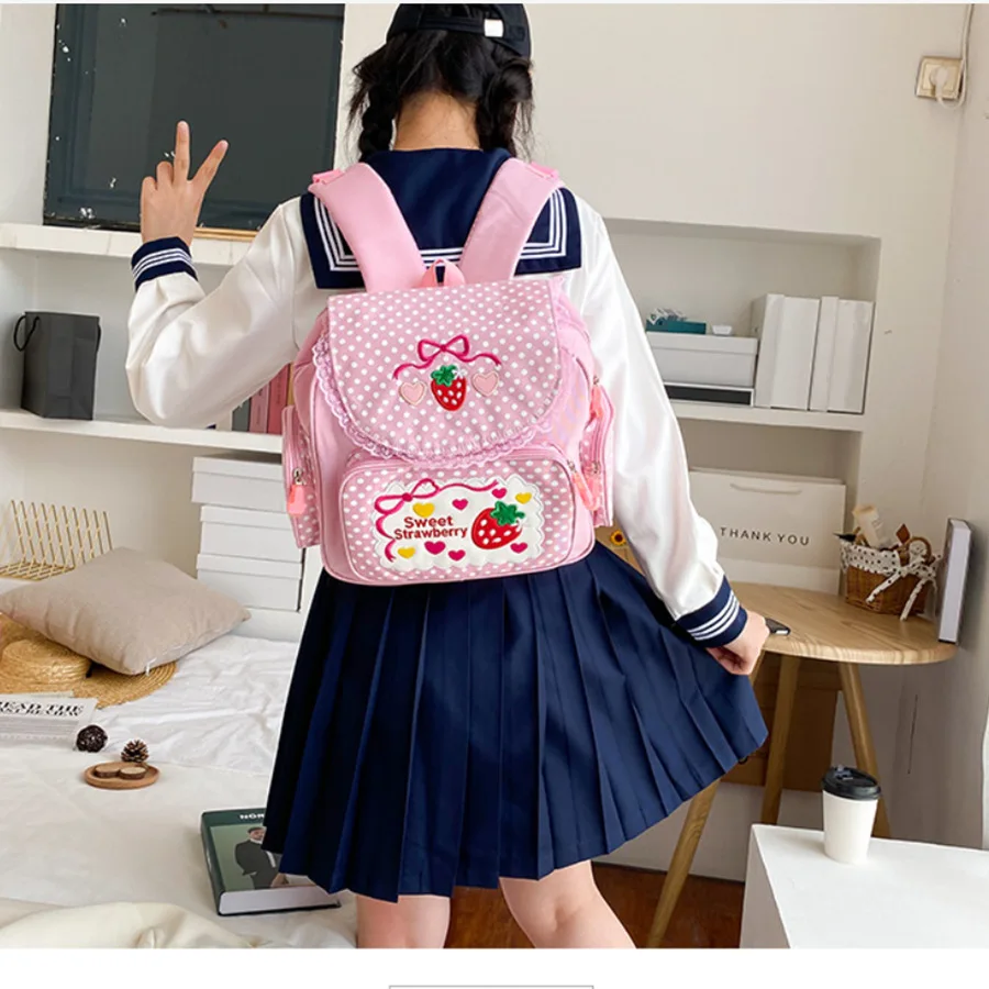 Pink Girl Embroidery Cute Strawberry Children\'s Schoolbag Student Gift Multi-Pocket Nylon Fashion College for Teenager Girl