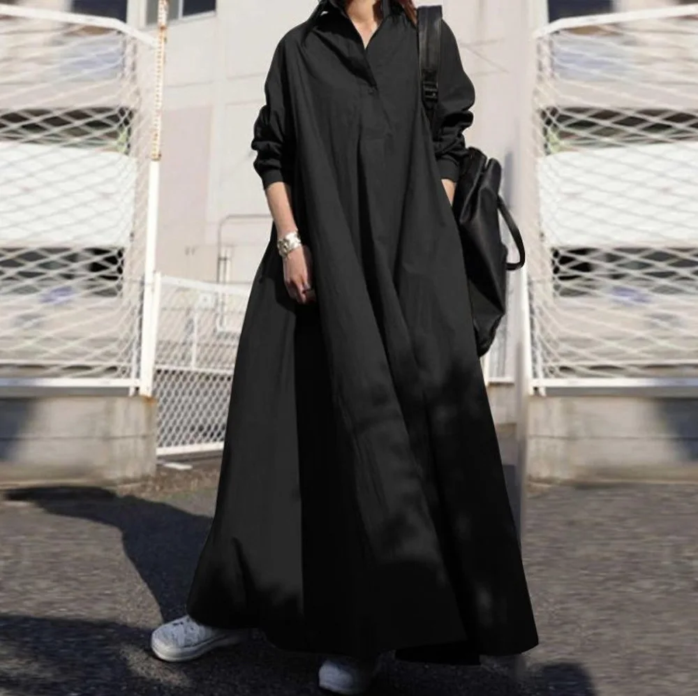 Cotton Linen Ladies Long Sleeve Blouse Shirt Dress Vestido Spring Autumn Loose Casual Women Pullover Top Long Dress Plus Size