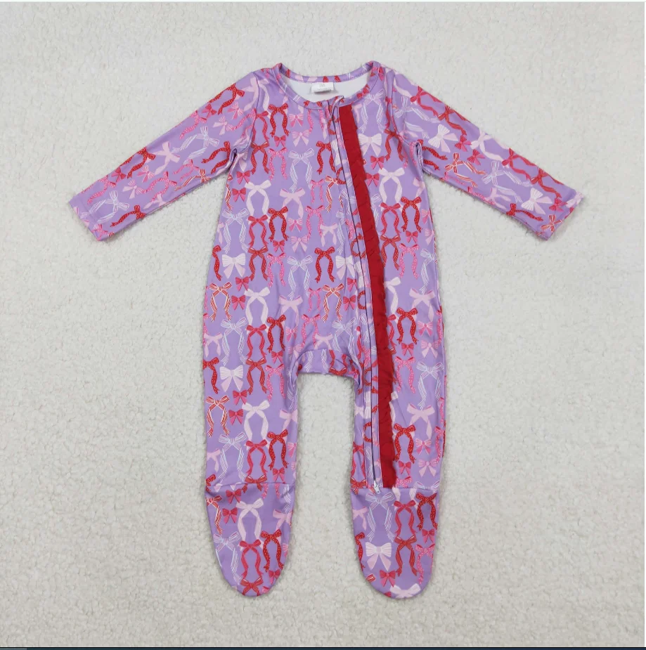 

Baby Girls Long Sleeve Romper LR2610 Pink Purple Bows Print Baby Girls Fall Zipper Sleeper Footed Romper