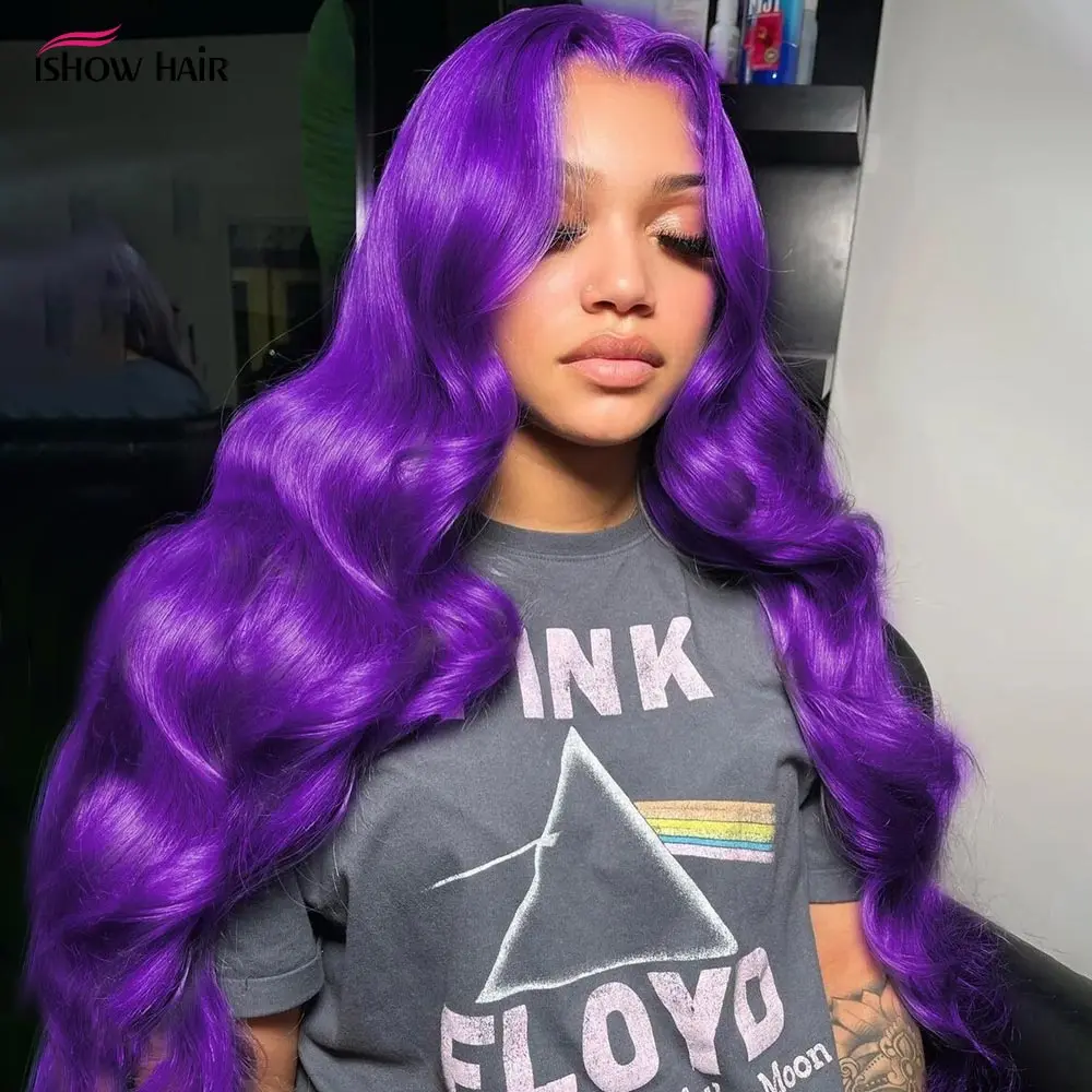 Isshow Purple Body Wave Lace Front Wig, Perucas frontais transparentes, Cabelo Humano Brasileiro, 613 Colorido, 13x4 13x6