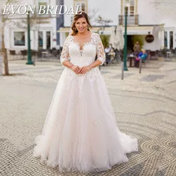 EVON BRIDAL Plus Size 3/4 Sleeves Wedding Dress O-Neck A-Line Applique Bride Gowns Tulle Illusion Back 2024 Vestido De Novia