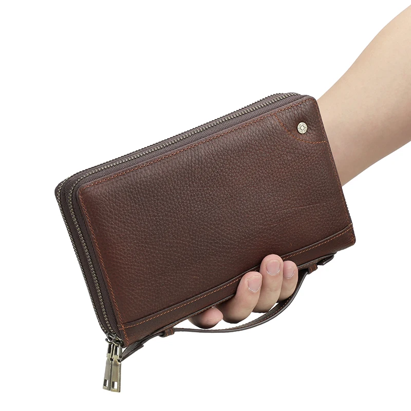 CONTACT\'S Genuine Leather Clutch Bag Men Wallet with Airtag Case Vintage Zipper Wallets Card Holder Male Purse Large Capacity