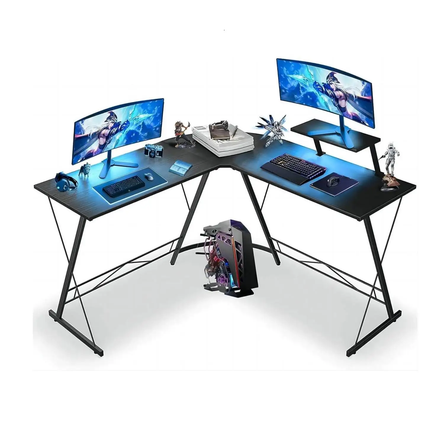 L Shaped Gaming Desk Round Corner，Shelf Computer Desk With Monitor Stand Office Home,Black 129*129*74