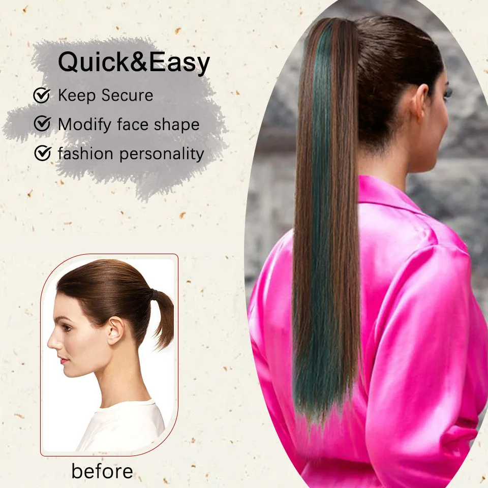 MEIFAN Synthetic Long Straight Claw Clip Ponytail Clip on Hairtail Extension Highlights Green Natural False Ponytail for Women