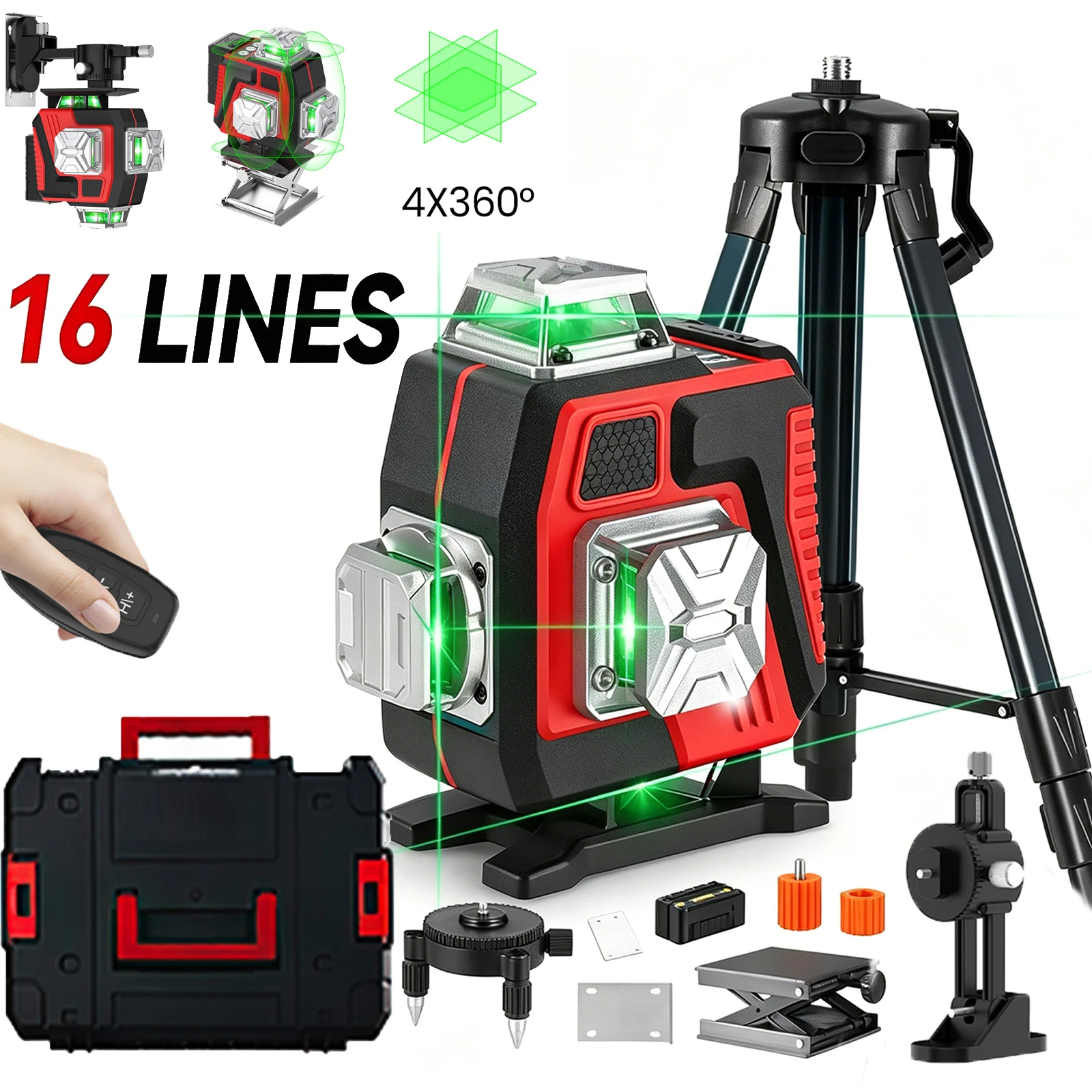 4D 16-Linien-Lasernivelliergerät mit Stativ und Fernbedienung, grüne Linie 360° °   Horizontaler Vertikaler Selbstnivellierender Superstarker Laser-Nivellierer mit Li-Ionen-Akku