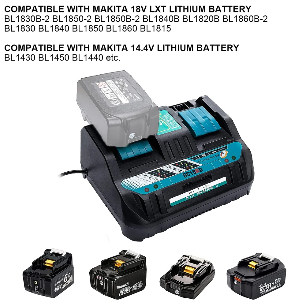 18V DC18RD Dual Ports Battery Charger for Makita 14.4V-18V LXT Lithium-Ion Battery BL1415 BL1430 BL1830 BL1840 BL1850 BL1850B