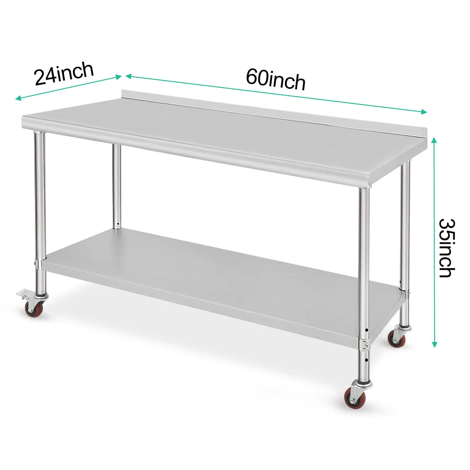 Mesa de trabajo de acero inoxidable, 152×61×89 cm, con ruedas y protector contra salpicaduras, de alta resistencia para uso comercial y en cocinas.