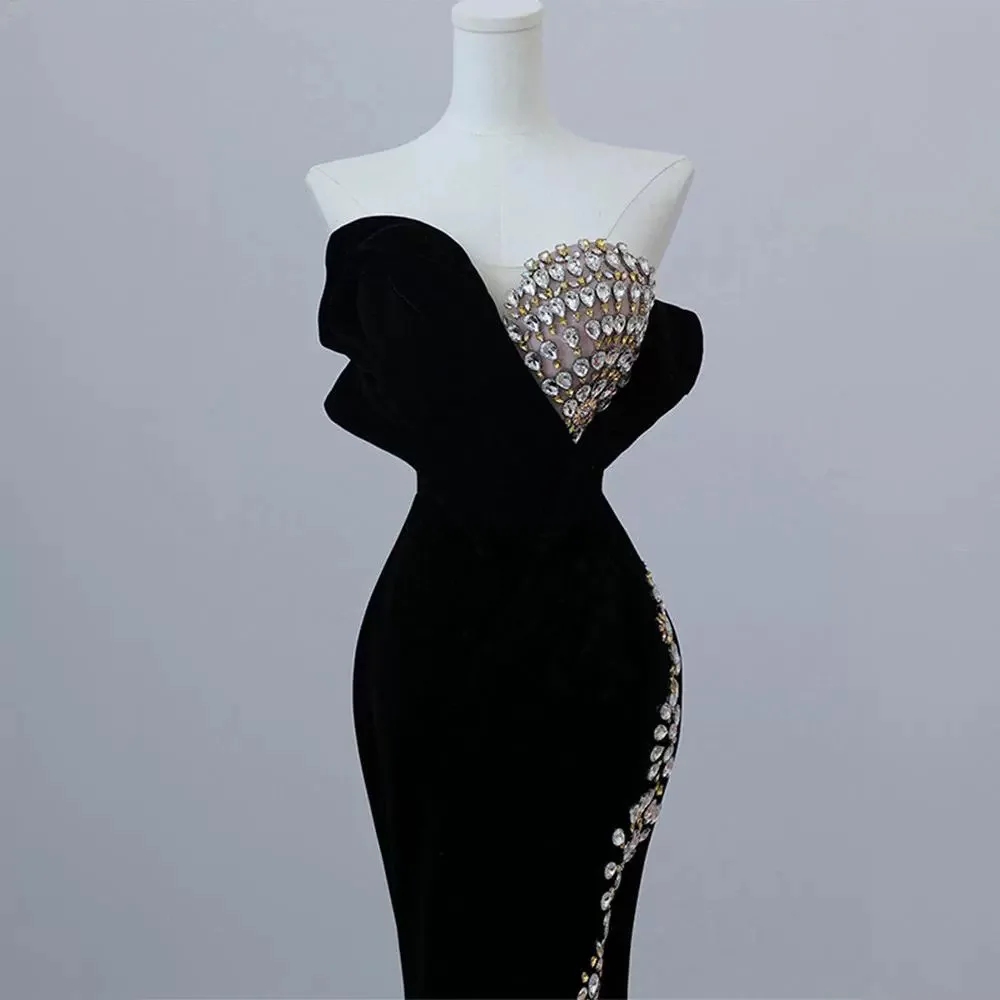 Dress black tube top fishtail slit sequined long skirt temperament